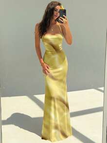 Aloruh Đầm hở lưng cổ yếm in hoa thanh lịch dành cho nữ - Màu vàng - Xem 4