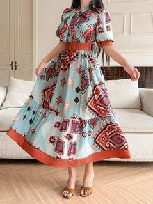 DAZY Đầm nữ thanh lịch phối màu tương phản họa tiết hình học, cổ buộc dây, tay cánh hoa, dài ngang gối, thắt eo, thích hợp cho mùa hè, dự tiệc cưới, váy hè. - Màu xanh lam - Xem 2