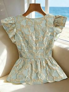 Franclia Áo sơ mi nữ thanh lịch, chất liệu jacquard, viền bèo nhún, cài cúc phía trước, thích hợp cho mùa hè. - xanh quân đội - Xem 2