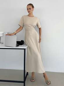 Siren Gaze Women's Solid Color Round Neck Pleated Waist Casual Dress, Elegant Backless Dress, Summer Long Dress - Apricot - View 4