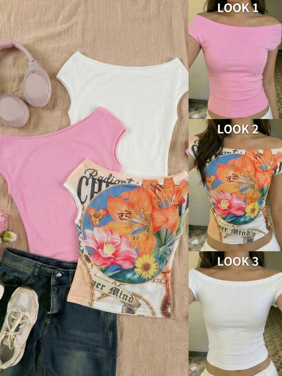 Summer Tops 3pcs/Set Tween Girls Vacation Snug Fit Off Shoulder Multicolor T-Shirts Squishy Top - Multicolor - View 1