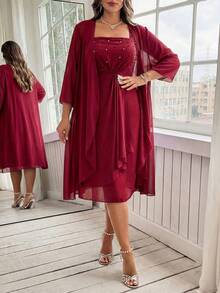 Ellevyn Plus Size Women's Solid Color 3/4 Sleeve Robe And Rhinestone Decor Robe Elegant Set - Burgundy - View 5