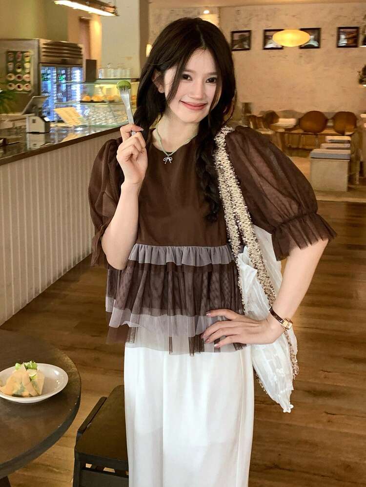 Women's Round Neck Mesh Sheer Lightweight Blouse, Korean Style, Spring/Summer