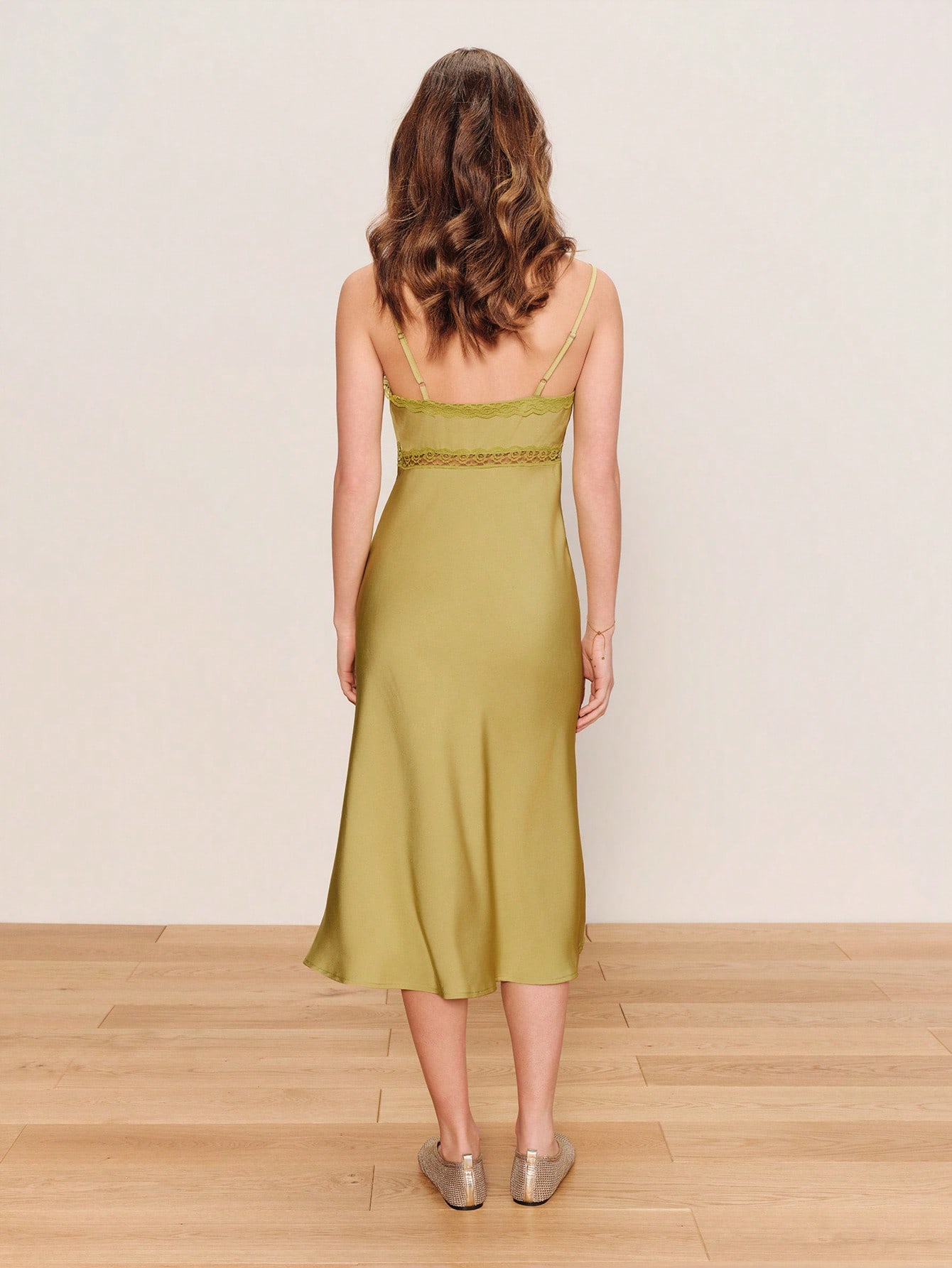 Olive Green Lace Trimmed Satin Midi Slip Dress With Gathered Bust Detail Date Night Dress Going Out Vacation Dress Holiday Dress Green Satin Evening Dress Graduation Dress Spring Summer French Style Parisian Style Festival Dress