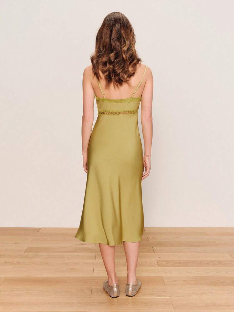 Olive Green Lace Trimmed Satin Midi Slip Dress With Gathered Bust Detail Date Night Dress Going Out Vacation Dress Holiday Dress Green Satin Evening Dress Graduation Dress Spring Summer French Style Parisian Style Festival Dress