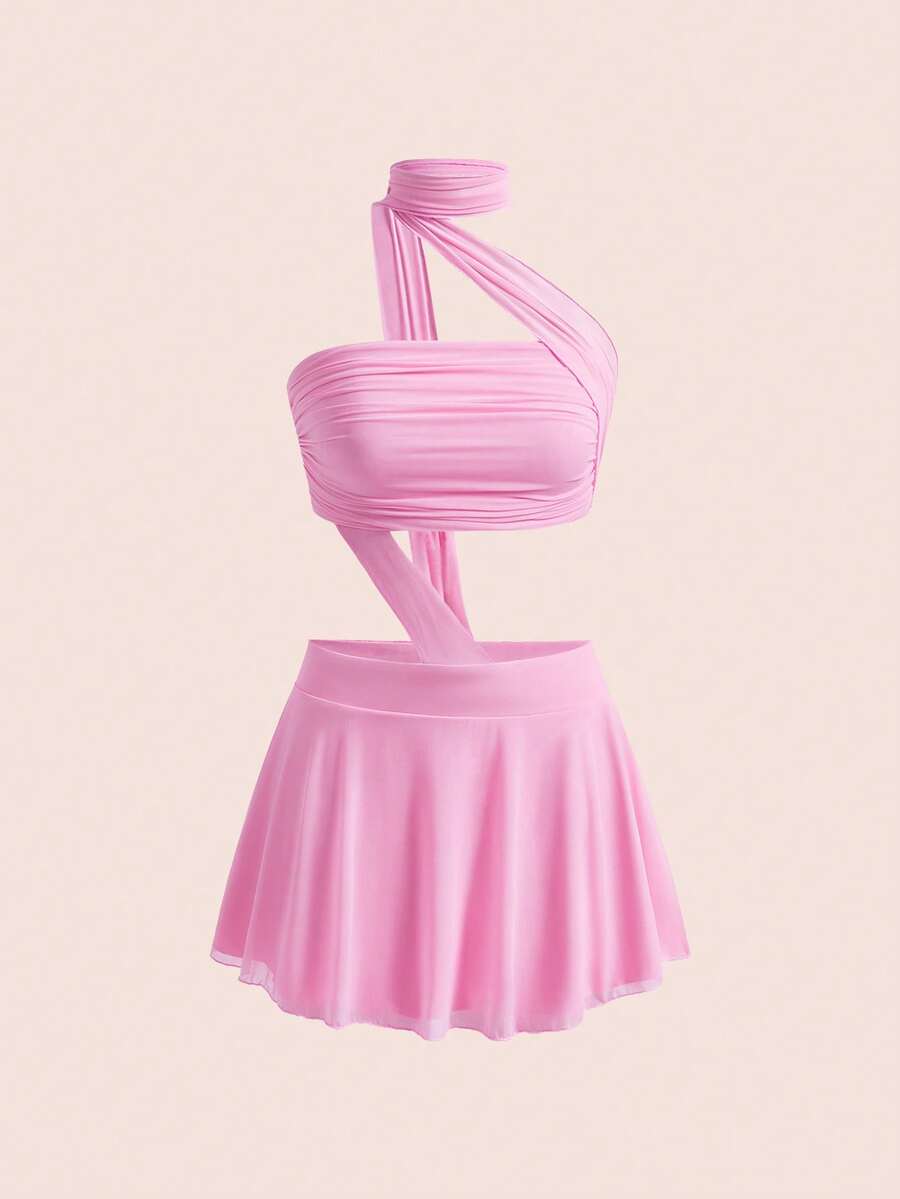 ROMWE Y2K Đầm ngắn màu hồng chiffon gợi cảm, cổ bèo nhún, khoét eo, thích hợp cho kỳ nghỉ lãng mạn của thiếu nữ. - Hồng - Xem 1