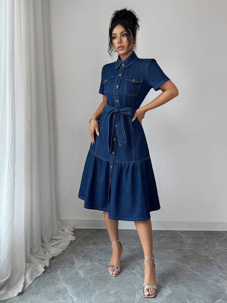 SHEIN PETITE 女士新款通勤衬衫裙牛仔连衣裙 - 深色水洗藍 - 查看 1