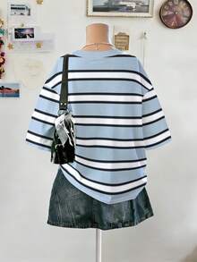 Lalippa Camiseta de cuello redondo de manga corta a rayas de moda para mujer, de verano - Multicolor - Ver 2