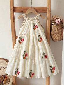 SHEIN Genkimix Kids Girls Floral Embroidered Crochet Trim Elegant Princess A-Line Halter Dress, Summer - Apricot - View 6