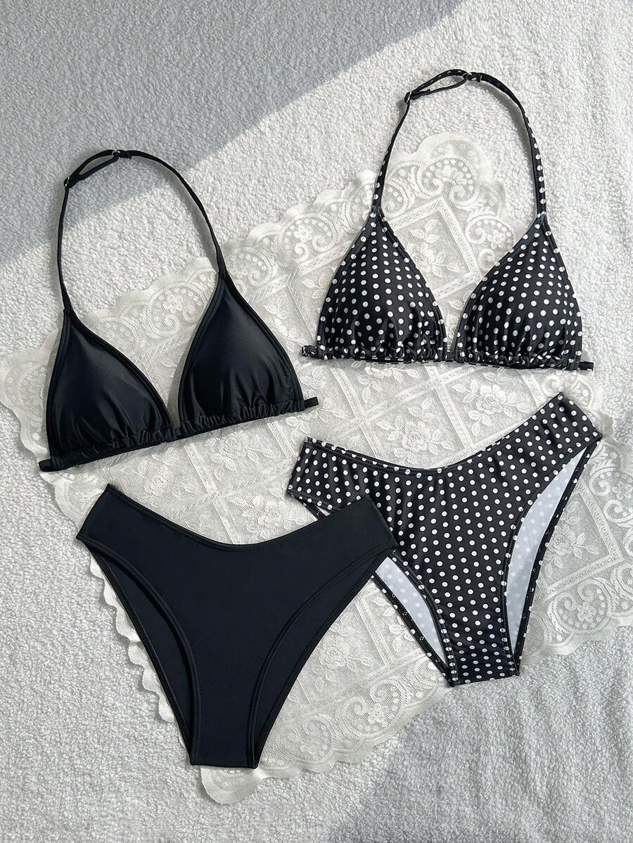 SHEIN 4pcs/Set Teen Girl Summer Beach Vacation Polka Dot Pattern + Solid Black Camisole Bikini - Black - View 1