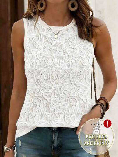 EMERY ROSE Women's Floral Print Round Neck Top, Comfortable Casual Round Neck Tank Top, Suitable For Daily Wear In Summer