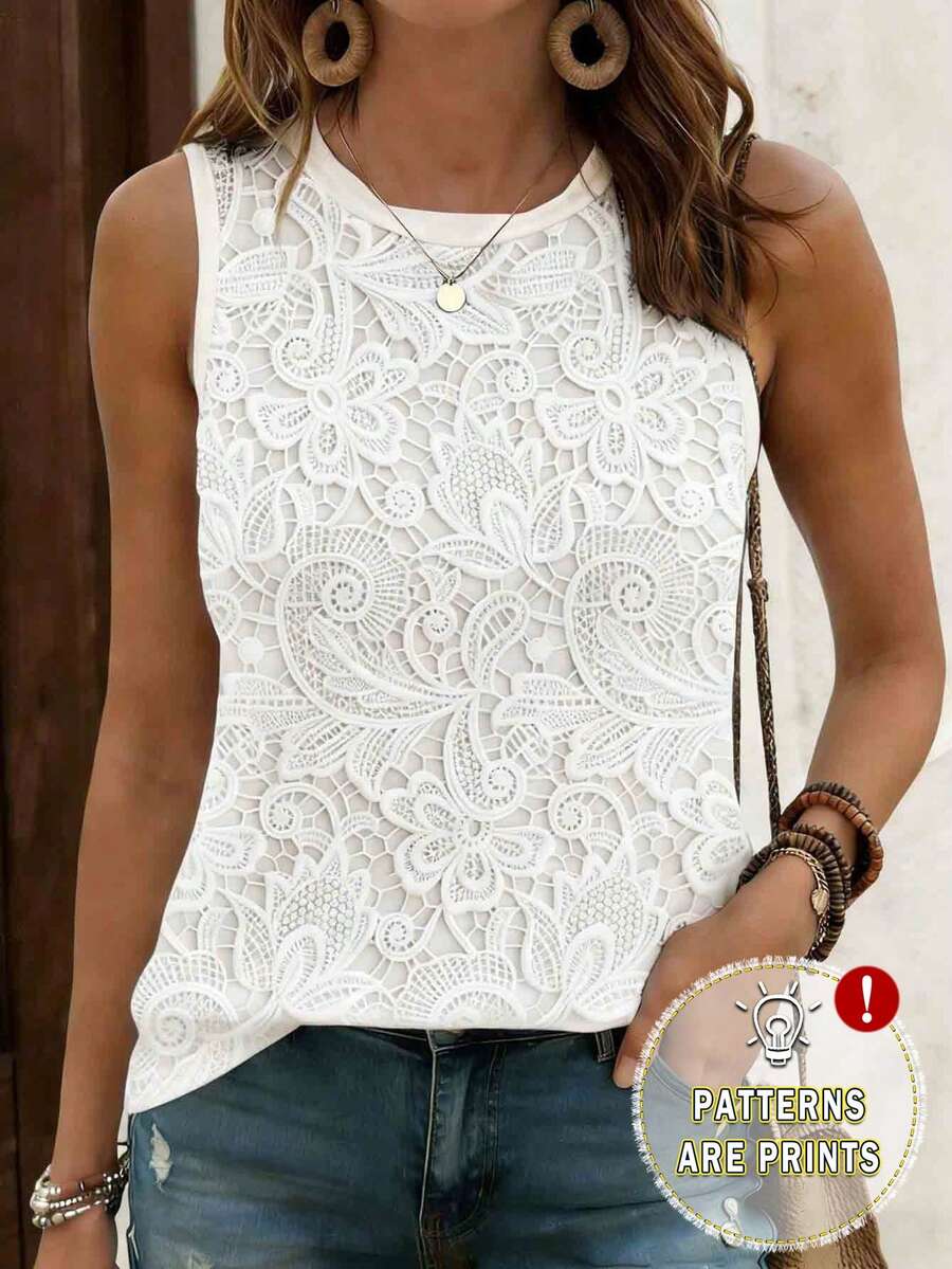EMERY ROSE Blusa de mujer con estampado floral de cuello redondo, cómoda blusa de tirantes de cuello redondo casual, adecuada para uso diario en verano - Blanco - Ver 1