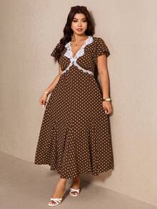 Elaquor Plus Size Women's Contrast Lace Polka Dot Ruffle Sleeve Elegant 70's 80s Midi Dress Summer Holiday New Arrivals Western Outfits Brown Party - Brown - View 6
