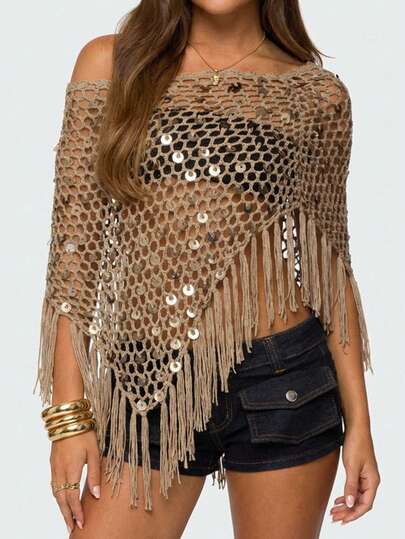 SHEIN EZwear Light Brown Hand-Crocheted Women's Sweater With An Asymmetrical Shoulder Design, Perfect For Spring And Summer. Can Also Be Worn As A Short-Sleeved Summer Top. Brown Sequined Fringed Hem Openwork Knit Women's Sweater, Fringed Shirt, Sequined Top.