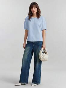 Ontre 2026 Camiseta de mujer para uso casual, de negocios y para ir a la oficina, con diseño de cuello redondo cómodo y amigable con la piel, manga raglán, silueta en H, puños con recogido, diseño de empalme corporal, con un toque moderno y urbano, con un toque vintage discreto y una estética refinada de alta calidad, ideal para el estilo de moda del aeropuerto - Azul - Ver 3