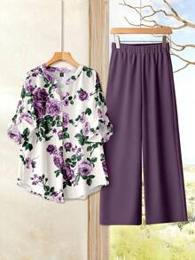 EMERY ROSE Plus Size Women Floral Print Roll-Up Sleeve Shirt And Wide Leg Pants Casual 2 Pieces Set - Purple - View 1