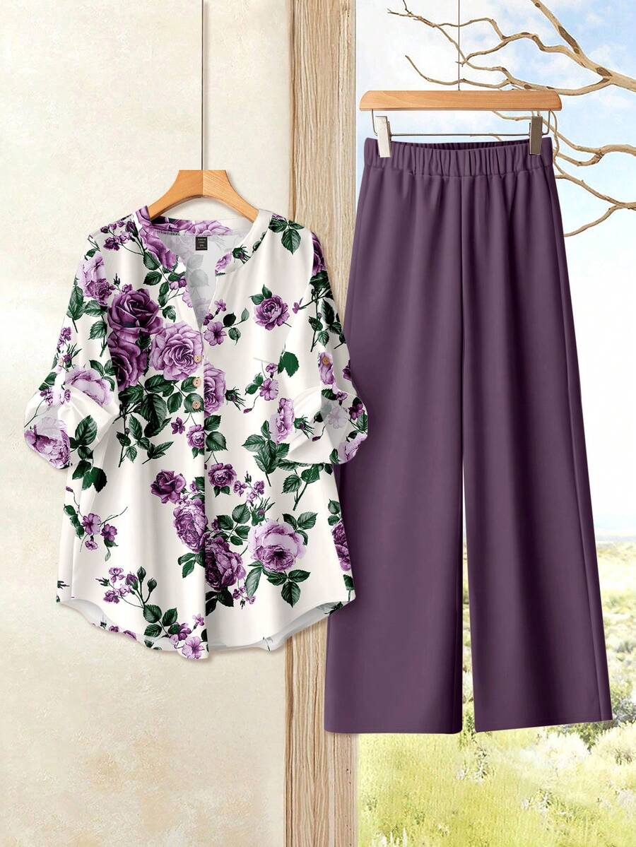 EMERY ROSE Plus Size Women Floral Print Roll-Up Sleeve Shirt And Wide Leg Pants Casual 2 Pieces Set - Purple - View 1