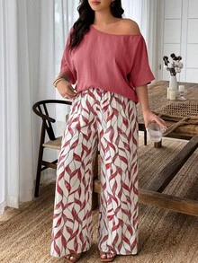 Weeklong Plus Size Women's 2-Piece Set, Linen-Like Crinkle Texture, Colorful Botanical Print, Asymmetric Loose Casual Commuter Outfit, Spring/Summer - Multicolor - View 1