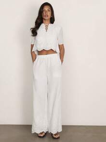 COSMINA Women's Elegant White Classy Embroidered Wide Leg Pants,Autumn Beach Holiday Palazzo Trousers,Versatile Office Casual Bohemian Linen Summer Pants - White - View 3