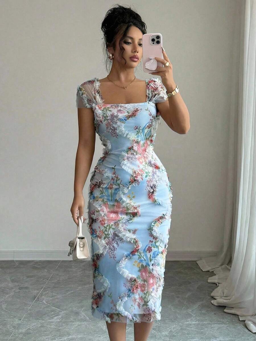 Elenzga 女士优雅浪漫网纱印花褶皱中长连衣裙，适合婚礼季、派对、约会、休闲外出、春夏穿着 - 藍色 - 查看 1