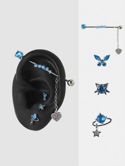 MortiRose 4件套不锈钢心形工业杠铃蝴蝶/猫耳耳骨耳钉星形耳垂螺旋耳钉穿刺饰品，哥特/朋克/颓废/暗黑哥特，街头风，夏季/音乐节/舞会/派对，复古，不锈钢材质，低过敏性，穿刺饰品