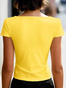 EMERY ROSE Women's Solid Color Elegant V-Neck Criss-Cross T-Shirt - Yellow - View 3