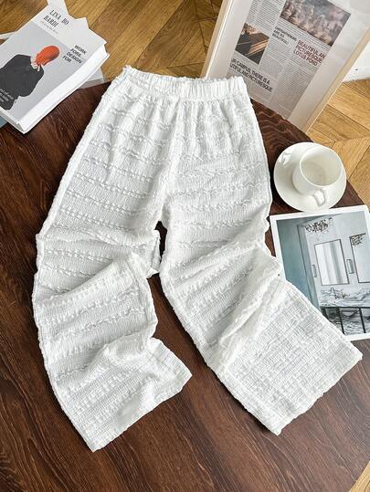 大码女童春夏度假沙滩休闲百搭荷叶边针织纹理宽松阔腿裤，适合搭配吊带背心