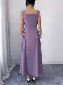 Elenzga Women's French Elegant Square Neck Fitted A-Line Pleated Hem Dress - Purple - View 2