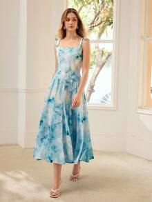 PREMIUM WOMEN'S FLORAL PRINT CAMISOLE DRESS - Blue and White - View 5
