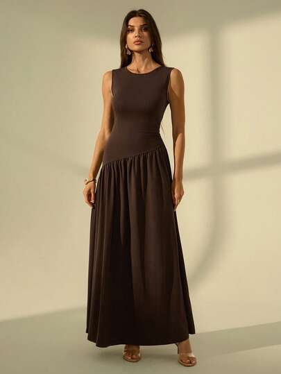 SHEIN Tall 棕色无袖长裙，适合婚礼宾客、正式场合、特殊场合、花园派对等，优雅、时尚、端庄，及地长裙，舒适柔软，情人节约会之夜、海滩装扮，优雅连衣裙，休闲女装。
