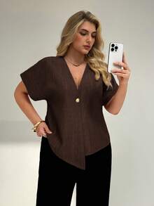 Auralis Plus Size Asymmetric Hem Shirt, Summer Fashion - Brown - View 1