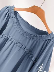 CosyJoli Plus Size Spring Casual Floral Embroidery Ruffle Trim Round Neck Lantern Sleeve Blouse - Baby Blue - View 5