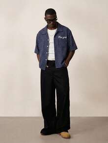 STYNVO 男士字母格纹印花短袖单排扣休闲衬衫 - 寶藍色 - 查看 3