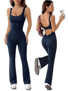 SHEIN EZwear 加大码藏蓝色镂空喇叭裤休闲连体裤，春夏款，高弹力，百搭修身连体裤，紧身连体裤 - 藏蓝色 - 查看 1