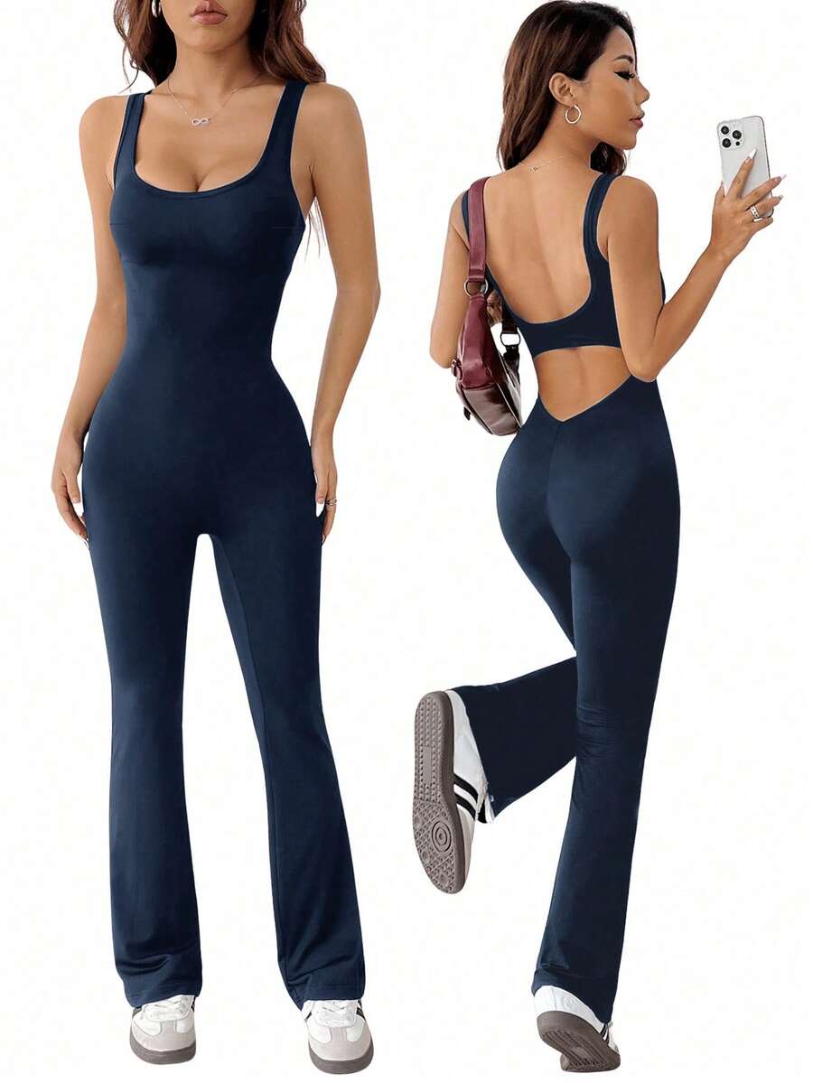 SHEIN EZwear 加大码藏蓝色镂空喇叭裤休闲连体裤,春夏款,高弹力,百搭修身连体裤,紧身连体裤 - 藏蓝色 - 查看 1