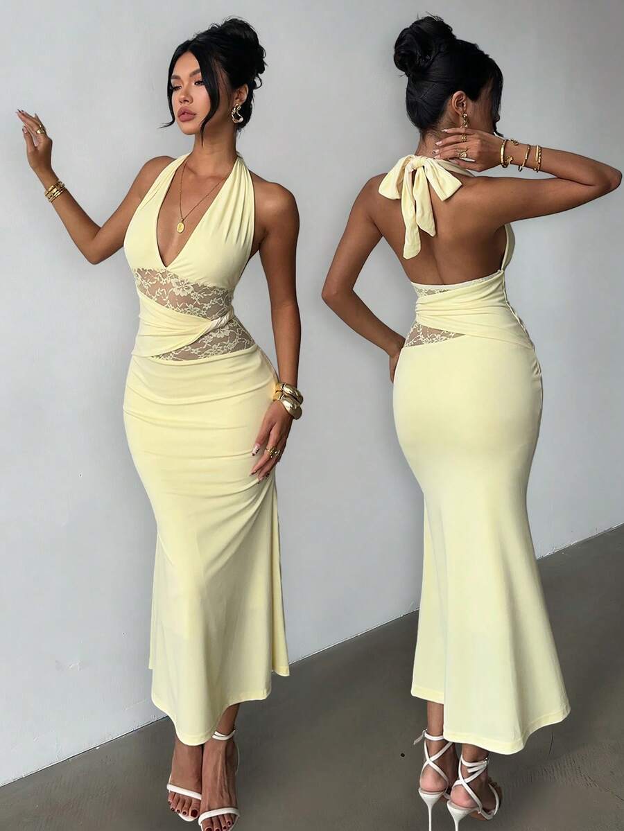 Rafferiza 优雅修身深V领腰部蕾丝拼接春夏无袖黄色连衣裙，适合派对/新年穿着 - 鵝黃色 - 查看 1