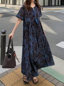 FRIFUL 女士碎花爱心领流苏装饰短袖连衣裙波西米亚风太阳裙，适合女士度假夏季穿着 - 棕色 - 查看 2