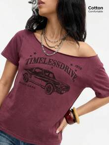 Easelle Áo thun nữ màu đỏ tía khoét vai, in họa tiết. - Màu Đỏ Sâu - Xem 1