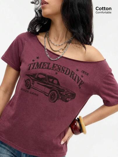 Easelle 女士酒红色露肩印花T恤