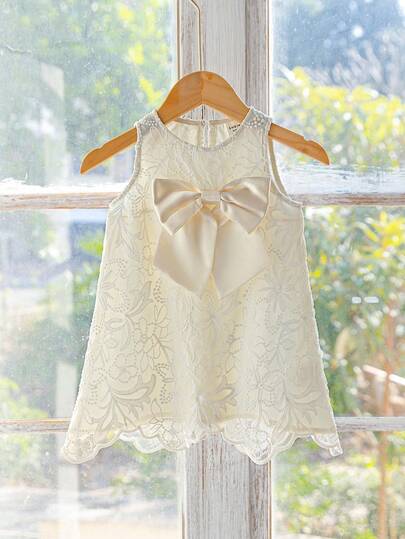 SHEIN Đầm không tay dệt màu trơn cổ đứng nơ phối lưới thêu cho bé gái