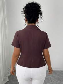 SHEIN Elenzya Plus Size Women's Spring/Summer Burgundy Elegant Asymmetrical Metal Button Lapel Short Sleeve Blouse - Brown - View 2