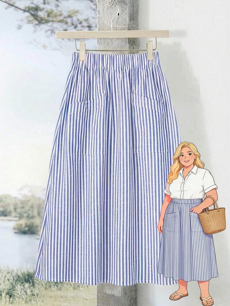 Plus Size Women Striped Elastic Waist Casual Commuter Skirt Summer Dress Summer Outfits For Women Spring Clothing Spring Outfit Beach Outfits For Women Vacation Outfits Women Summer Holiday Outfits Country Style For Women