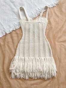 Soleia Đầm ngắn ôm sát dáng vỏ sò, viền tua rua, dây mảnh, phong cách Bohemian, Boho, thích hợp cho kỳ nghỉ, hẹn hò ngày Valentine, mùa xuân/hè. - Màu be - Xem 2