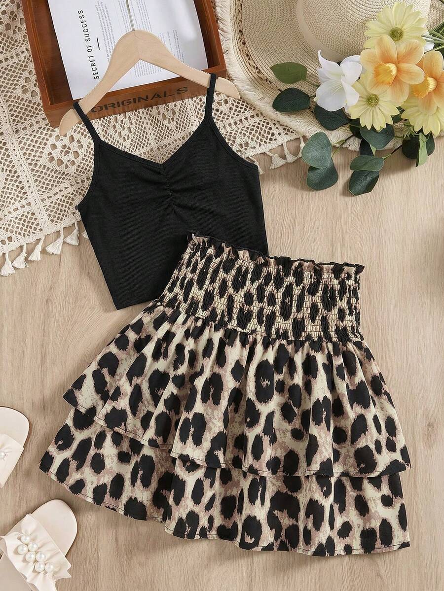 SHEIN Bộ đồ 2 món cho bé gái tuổi teen, kiểu dáng ôm sát, tối giản, thoải mái, dây mảnh, họa tiết hoa và viền bèo nhún. - Nhiều màu - Xem 1