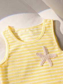 Set 2 buc. Top scurt fără mâneci cu papion în dungi + pantaloni scurți cu tiv cu volane pentru fete adolescente, stil dulce și picant, design non-fleece, potrivit pentru petreceri și ieșiri de vară - Galben - Vizualizare 8