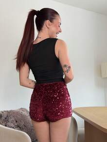 Abrilcols Women's Solid Color Sequin Skinny Shorts,Sequin, Red,Elegant,Party,Party,Autumn Winter Women,Valentine's Day,Valentine For Women - Burgundy - View 2