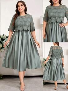 Reflora Vestido de fiesta elegante con cuello redondo y encaje que realza la cintura para mujer de talla grande - Verde 2 - Ver 5