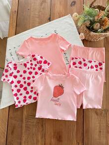SHEIN LMoss Kids Baby Girl Cute Cartoon Strawberry Pattern Ruffle Trim Round Neck Short Sleeve Shorts Soft Knit Pajama Set, 6pcs - Multicolor - View 3