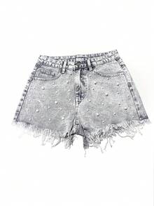 SHEIN Quần short denim nữ thời trang năng động, phong cách đường phố, đính đinh tán và tua rua, chất liệu denim bạc màu. - Màu Xám nhạt - Xem 3