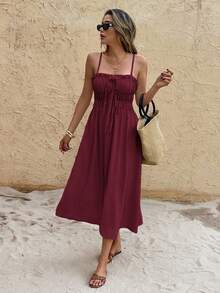 SHEIN Frenchy Women's Solid Color Oblique Pocket Casual Vacation Spaghetti Strap Mid-Length Dress - Dark Red - View 5